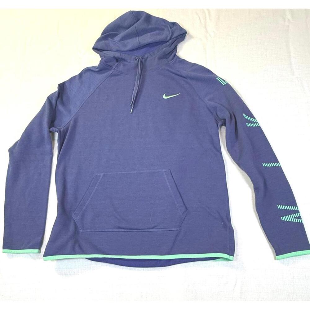 Nike Size L Blue Dri-Fit Center Swoosh Logo Hoodie Sweatshirt